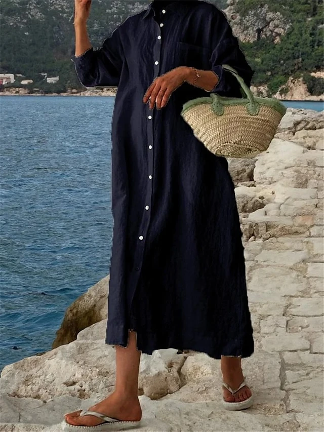 Women's Shirt Dress Casual Dress Cotton Linen Dress Maxi Long Dress Linen / Cotton Blend Basic Classic Outdoor Daily Vacation Shirt Collar Button Pocket Long Sleeve Summer Spring Fall 2023 Loose Fit 5 Women's Shirt Dress Casual Dress Cotton Linen Dress Maxi Long Dress Linen / Cotton Blend Basic Classic Outdoor Daily Vacation Shirt Collar Button Pocket Long Sleeve Summer Spring Fall 2023 Loose Fit - Image 5