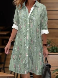 Women's Shirt Dress Casual Dress Midi Dress Outdoor Daily Date Polyester Fashion Modern Shirt Collar Button Pocket Long Sleeve Fall Winter 2023 Loose Fit Yellow Pink Dark Pink Floral Striped S M L XL -HAYz Clothing Shop ibomiz1695204761216