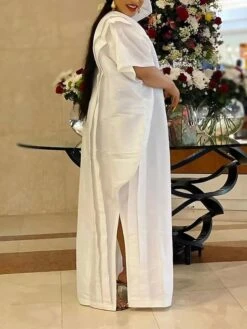 Women‘s Plus Size Curve Casual Dress Shift Dress Kaftan Dress Solid Color Long Dress Maxi Dress Half Sleeve Ruffle Crew Neck Elegant Vacation White Yellow Summer Spring One Size -HAYz Clothing Shop ibpcac1677653319713