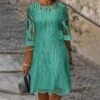 Women's Plus Size Curve Casual Dress Shift Dress Solid Color Round Neck Lace 3/4 Length Sleeve Fall Spring Dress Work Casual Daily Midi Dress