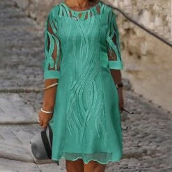 Women's Plus Size Curve Casual Dress Shift Dress Solid Color Round Neck Lace 3/4 Length Sleeve Fall Spring Dress Work Casual Daily Midi Dress