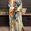 Women's Plus Size Curve Casual Dress Winter Dress Leaf Long Dress Maxi Dress Long Sleeve Print V Neck Fashion Outdoor Blue Purple Fall Winter L XL XXL 3XL 4XL