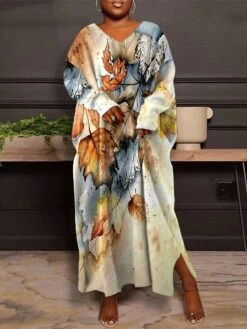 Women's Plus Size Curve Casual Dress Winter Dress Leaf Long Dress Maxi Dress Long Sleeve Print V Neck Fashion Outdoor Blue Purple Fall Winter L XL XXL 3XL 4XL