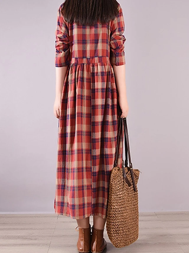 Women's Casual Dress Cotton Linen Dress Plaid Dress Midi Dress Linen / Cotton Blend Fashion Basic Outdoor Daily Holiday Stand Collar Pocket Print Long Sleeve Fall Winter Autumn 2023 Loose Fit Yellow 5 Women's Casual Dress Cotton Linen Dress Plaid Dress Midi Dress Linen / Cotton Blend Fashion Basic Outdoor Daily Holiday Stand Collar Pocket Print Long Sleeve Fall Winter Autumn 2023 Loose Fit Yellow - Image 5
