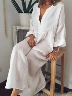 Women‘s Casual Dress Shirt Dress Cotton Dress Shift Dress Maxi Long Dress Cotton Casual Winter Dress Daily Holiday Split Neck Button Rolled Cuff Long Sleeve Spring Fall Winter 2023 Loose Fit