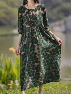 Women's Casual Dress Cotton Linen Dress Swing Dress Midi Dress Linen / Cotton Blend Sweet Style Modern Outdoor Daily Holiday Crew Neck Print 3/4 Length Sleeve Fall Winter Autumn 2023 Loose Fit Light -HAYz Clothing Shop icveit1693553161973