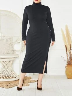 Women's Plus Size Curve Casual Dress Sweater Dress Sheath Dress Plain Midi Dress Long Sleeve Button Split Stand Collar Fashion Daily Black Wine Fall Winter XL XXL 3XL 4XL 5XL -HAYz Clothing Shop iczefv1694151469320
