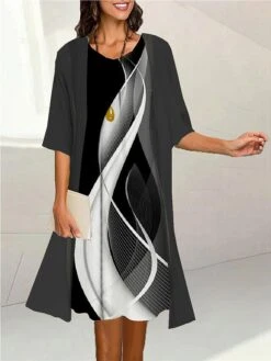 Women's Two Piece Dress Set Casual Dress Print Dress Outdoor Daily Fashion Elegant Print Midi Dress Crew Neck 3/4 Length Sleeve Ombre Marble Print Loose Fit Black Light Green Pink Summer Spring S M L -HAYz Clothing Shop idcter1690171185924