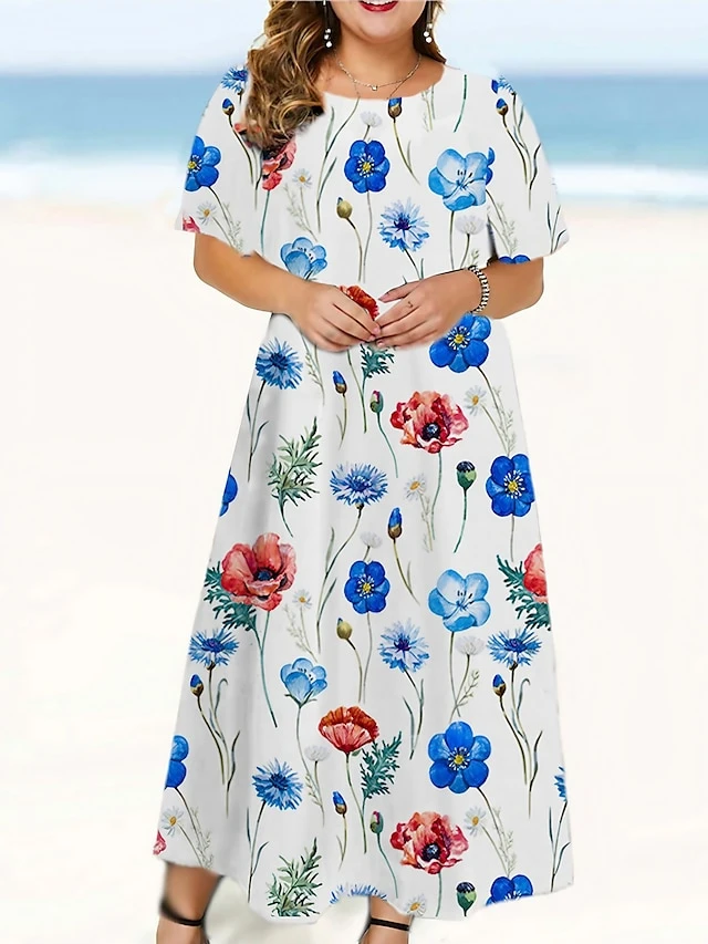 Women‘s Plus Size Curve Casual Dress Floral Long Dress Maxi Dress Short Sleeve Print Crew Neck Fashion Outdoor White Royal Blue Spring Summer L XL XXL 3XL 4XL 1 Women‘s Plus Size Curve Casual Dress Floral Long Dress Maxi Dress Short Sleeve Print Crew Neck Fashion Outdoor White Royal Blue Spring Summer L XL XXL 3XL 4XL