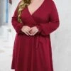 Women's Plus Size Curve Casual Dress Sheath Dress Black Dress Plain Midi Dress Long Sleeve Lace Up Ruched V Neck Fashion Outdoor Black Red Fall Winter XL XXL 3XL 4XL 5XL