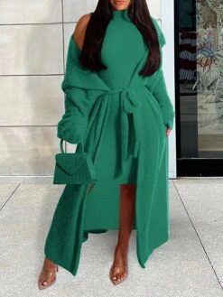 Women's Two Piece Dress Set Casual Dress Sheath Dress Daily Going Out Fashion Streetwear Lace Up Midi Dress Stand Collar Long Sleeve Plain Slim Black Yellow Wine Fall Winter S M L XL XXL -HAYz Clothing Shop idkldm1693295533999