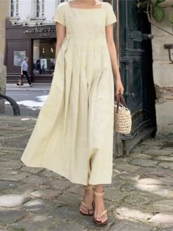 Women's Casual Dress Cotton Linen Dress A Line Dress Maxi Long Dress Cotton Blend Basic Casual Daily Holiday Date Square Neck Ruched Smocked Short Sleeve Summer Spring 2023 Loose Fit Army Green Navy