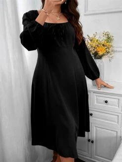 Women‘s Plus Size Curve Party Dress Cocktail Dress Wedding Guest Dress Black Dress Midi Dress Long Sleeve Pure Color Ruched Spring Fall Winter Square Neck Fashion Birthday Wedding Guest Vacation -HAYz Clothing Shop idubjm1691648094811 1