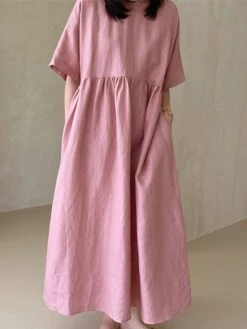 Women's Casual Dress Cotton Linen Dress Tiered Dress Maxi Long Dress Linen / Cotton Blend Daily Casual Outdoor Home Daily Crew Neck Pocket Short Sleeve Summer Spring 2023 Loose Fit Yellow Pink Plain -HAYz Clothing Shop iduubh1689933418535