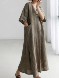 Women's Casual Dress Cotton Linen Dress Swing Dress Maxi Long Dress Cotton Blend Basic Casual Outdoor Daily V Neck Pocket 3/4 Length Sleeve Summer Spring Fall 2023 Loose Fit Blue Green Apricot Plain -HAYz Clothing Shop idxlpi1679554392650