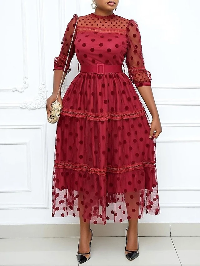 Women‘s Plus Size Curve Party Dress Polka Dot High Neck Mesh 3/4 Length Sleeve Fall Spring Elegant Prom Dress Maxi Long Dress Wedding Date Dress 1 Women‘s Plus Size Curve Party Dress Polka Dot High Neck Mesh 3/4 Length Sleeve Fall Spring Elegant Prom Dress Maxi Long Dress Wedding Date Dress