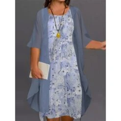 Women‘s Plus Size Curve Two Piece Dress Floral Crew Neck Print 3/4 Length Sleeve Fall Spring Elegant Casual Midi Dress Daily Holiday Dress -HAYz Clothing Shop iebnzv1649313510575