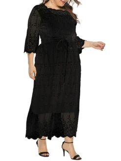 Women‘s Plus Size Curve Prom Dress Party Dress Lace Dress Long Dress Maxi Dress Black 3/4 Length Sleeve Pure Color Lace Summer Spring Fall Square Neck Fashion Winter Dress Birthday Evening -HAYz Clothing Shop iecroh1691399449191