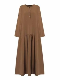 Women's Casual Dress Cotton Linen Dress Black Dress Maxi Long Dress Cotton Blend Basic Casual Outdoor Daily V Neck Button Pocket Long Sleeve Summer Spring Fall 2023 Loose Fit ArmyGreen Navy Blue Khaki -HAYz Clothing Shop ieibhf1678778567708