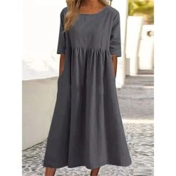 Women's Casual Dress Cotton Dress Swing Dress Midi Dress Cotton Basic Casual Outdoor Daily Crew Neck Pocket Smocked Half Sleeve Summer Spring Fall 2023 Loose Fit Light Blue Black White Pure Color S M 16 Women's Casual Dress Cotton Dress Swing Dress Midi Dress Cotton Basic Casual Outdoor Daily Crew Neck Pocket Smocked Half Sleeve Summer Spring Fall 2023 Loose Fit Light Blue Black White Pure Color S M -HAYz Clothing Shop ielonu1673850119691