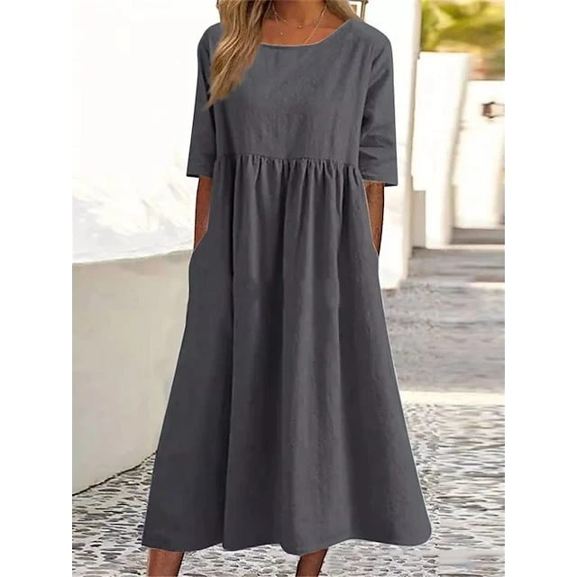 Women's Casual Dress Cotton Dress Swing Dress Midi Dress Cotton Basic Casual Outdoor Daily Crew Neck Pocket Smocked Half Sleeve Summer Spring Fall 2023 Loose Fit Light Blue Black White Pure Color S M 4 Women's Casual Dress Cotton Dress Swing Dress Midi Dress Cotton Basic Casual Outdoor Daily Crew Neck Pocket Smocked Half Sleeve Summer Spring Fall 2023 Loose Fit Light Blue Black White Pure Color S M - Image 4