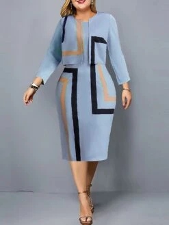 Women's Plus Size Curve Casual Dress Dress Set Two Piece Dress Geometric Color Block Midi Dress Long Sleeve Print Crew Neck Fashion Outdoor Pink Blue Fall Winter L XL XXL 3XL 4XL -HAYz Clothing Shop iemggv1695096072824