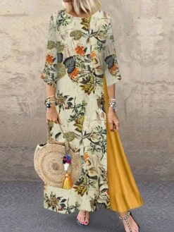 Women's Plus Size Holiday Dress Floral Crew Neck Print 3/4 Length Sleeve Fall Spring Casual Maxi Long Dress Causal Daily Dress / Linen -HAYz Clothing Shop ieuqia1631504232178