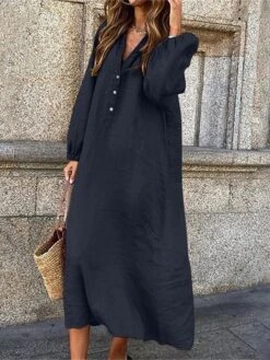 Women's Casual Dress Cotton Linen Dress Loose Dress Midi Dress Linen Cotton Blend Classic Casual Outdoor Daily Vacation V Neck Button Long Sleeve Fall Winter Autumn 2023 Loose Fit ArmyGreen Wine Navy -HAYz Clothing Shop iewrss1697706515877