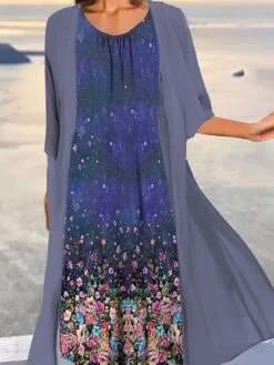 Women's Two Piece Dress Set Casual Dress Print Dress Outdoor Daily Fashion Elegant Print Midi Dress Crew Neck 3/4 Length Sleeve Floral Ombre Loose Fit Light Green Blue Purple Summer Spring S M L XL -HAYz Clothing Shop ifcozh1690857726525