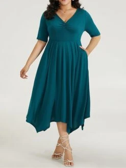 Women's Plus Size Curve Casual Dress Swing Dress A Line Dress Plain Midi Dress Half Sleeve Ruched Pocket V Neck Fashion Daily Dark Green Spring Fall L XL 2XL 3XL 4XL -HAYz Clothing Shop ifddfp1697164736963