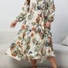 Women's Casual Dress Swing Dress Print Dress Leaf Floral Ruffle Print V Neck Long Dress Maxi Dress Fashion Streetwear Outdoor Daily Long Sleeve Regular Fit Blue Apricot Fall Winter XL XXL 3XL 4XL