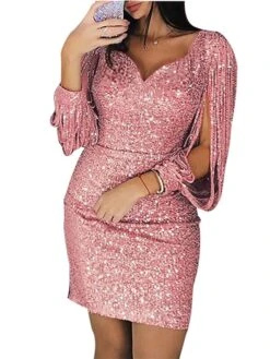 Women‘s Plus Size Curve Party Dress Solid Color V Neck Sequins Long Sleeve Fall Spring Formal Casual Sequins Short Mini Dress Casual Daily Dress Cotton Sequin Dress Homecoming Dress