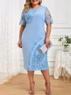 Women‘s Plus Size Curve Work Dress Lace Dress Sheath Dress Fashion Midi Dress Lace Patchwork Crew Neck Half Sleeve Plain Regular Fit Light Yellow Pink Light Blue Summer Spring L XL XXL 3XL 4XL -HAYz Clothing Shop igfycs1691041738821