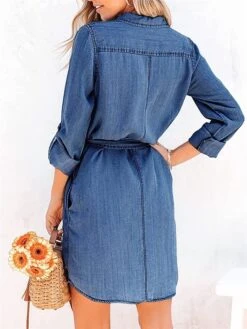 Women's Shirt Dress Casual Dress Mini Dress Outdoor Daily Denim Fashion Modern Shirt Collar Lace Up Button Long Sleeve Fall Winter 2023 Loose Fit Navy Blue Blue Pure Color S M L XL -HAYz Clothing Shop iglaaz1693226276905