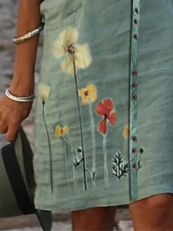 Women's Cotton Linen Dress Casual Dress Shift Dress Midi Dress Cotton Blend Fashion Casual Outdoor Daily Crew Neck Button Print Half Sleeve Summer Spring Fall 2023 Regular Fit Green Floral S M L XL -HAYz Clothing Shop igltck1681380596538