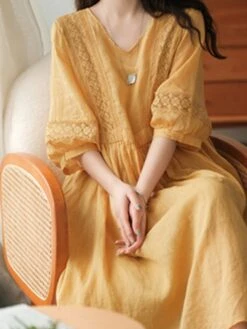 Women's Casual Dress Cotton Linen Dress Swing Dress Midi Dress Cotton Blend Basic Casual Outdoor Daily V Neck Ruched 3/4 Length Sleeve Summer Spring 2023 Loose Fit Black White Yellow Pure Color M L -HAYz Clothing Shop igpyin1677135417758