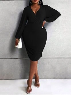 Women's Plus Size Curve Sweater Dress Casual Dress Winter Dress Solid Color Midi Dress Long Sleeve V Neck Fashion Daily Black Fall Winter XL XXL 3XL -HAYz Clothing Shop igvcpe1697543255198
