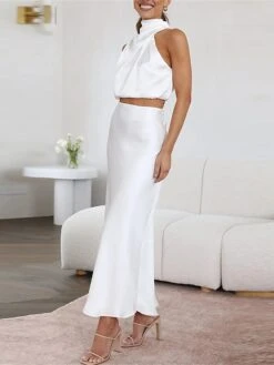 Women's Two Piece Dress Set Casual Dress Skirt Set Daily Holiday Fashion Sexy Ruched Long Dress Maxi Dress Stand Collar Sleeveless Plain Regular Fit Black White Light Green Summer Spring S M L XL -HAYz Clothing Shop igxhfg1690857195243