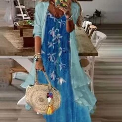 Women's Dress Set Two Piece Dress Swing Dress Midi Dress Light Green Long Sleeve Floral Print Summer Spring V Neck Vacation Winter Dress Fall Dress Loose Fit 2023 S M L XL XXL 3XL 4XL 5XL