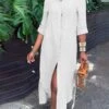 Women's Shirt Dress Cotton Linen Dress Casual Dress Maxi Long Dress Cotton Blend Classic Casual Outdoor Daily Vacation Shirt Collar Button Split Long Sleeve Summer Spring Fall 2023 Loose Fit White