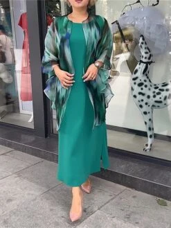 Women's Two Piece Dress Set Casual Dress Print Dress Outdoor Date Fashion Elegant Print Long Dress Maxi Dress Crew Neck 3/4 Length Sleeve Ombre Loose Fit Green Fall Winter S M L XL XXL