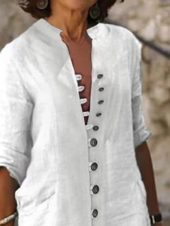 Women's Shirt Dress Casual Dress Cotton Linen Dress Midi Dress Cotton Blend Classic Modern Outdoor Daily Vacation Split Neck Button Half Sleeve Summer Spring Fall 2023 Loose Fit White Plain S M L XL -HAYz Clothing Shop ihqeoy1683342657429