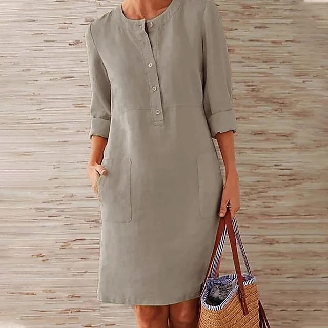 Women‘s Casual Dress Cotton Linen Dress Shift Dress Knee Length Dress Gray Khaki Orange Dark Gray Long Length Sleeve Pure Color Pocket Button Spring Summer Fall Crew Neck Basic Loose S M L XL XXL 12 Women‘s Casual Dress Cotton Linen Dress Shift Dress Knee Length Dress Gray Khaki Orange Dark Gray Long Length Sleeve Pure Color Pocket Button Spring Summer Fall Crew Neck Basic Loose S M L XL XXL - Image 12