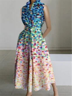 Women's Shirt Dress Casual Dress Swing Dress Maxi Long Dress Outdoor Office Daily Polyester Fashion Modern Shirt Collar Button Pocket Sleeveless Summer Spring 2023 Loose Fit Pink Dark Pink Blue Color -HAYz Clothing Shop ihyqqm1690773053065