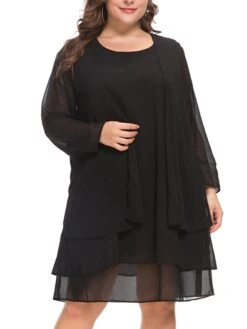 Women‘s Plus Size Curve Casual Dress Solid Color Crew Neck Mesh Long Sleeve Spring Fall Casual Knee Length Dress Daily Vacation Dress -HAYz Clothing Shop ihzsth1691043843014