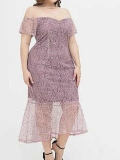 Women's Plus Size Prom Dress Party Dress Lace Dress Midi Dress Pink Short Sleeve Pure Color Lace Spring Fall Winter Off Shoulder Fashion Birthday Evening Party Wedding Guest 2023 XL XXL 3XL 4XL -HAYz Clothing Shop iiarev1693535468217