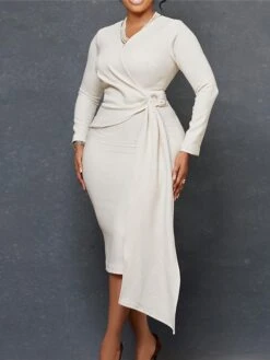 Women‘s Plus Size Curve Work Dress Solid Color V Neck Long Sleeve Fall Winter Elegant Formal Knee Length Dress Formal Date Dress