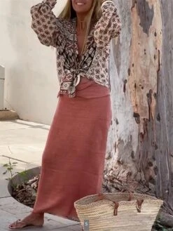 Women's Two Piece Dress Set Casual Dress Skirt Set Outdoor Daily Fashion Streetwear Lace Up Print Long Dress Maxi Dress V Neck Long Sleeve Floral Regular Fit Pink Spring Fall S M L XL XXL