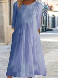 Women's Casual Dress Cotton Linen Dress Swing Dress Midi Dress Cotton Blend Basic Casual Outdoor Daily Crew Neck Ruched Pocket Short Sleeve Summer Spring 2023 Loose Fit White Pink Purple Plain M L XL -HAYz Clothing Shop iiyfpo1676281074248