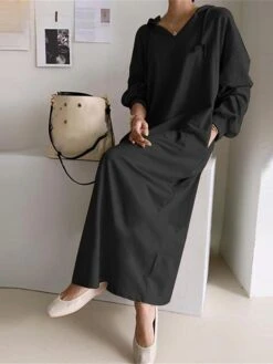 Women's Plus Size Curve Casual Dress Hoodie Dress Solid Color Long Dress Maxi Dress Long Sleeve Pocket Hooded Fashion Outdoor Black Khaki Fall Winter L XL XXL 3XL 4XL -HAYz Clothing Shop iiynlu1693970744702